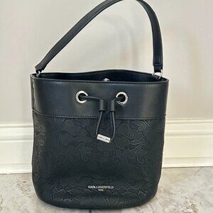 Karl Lagerfeld Paris Black Bucket Bag Floral Embossed Drawstring Shoulder 9X9"
